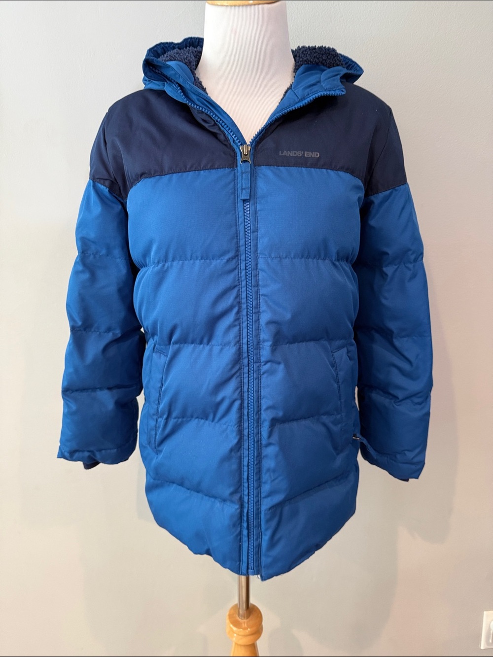 Lands' End Two-Tone Blue Hooded Kids Puffer-Large 10-12